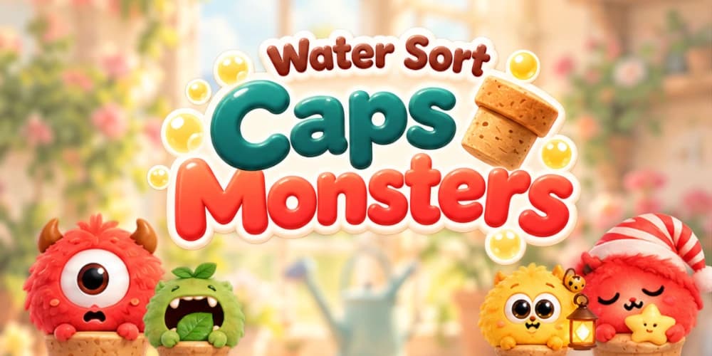 Key art for the game: fluffy monsters peeking out of cork bottle caps