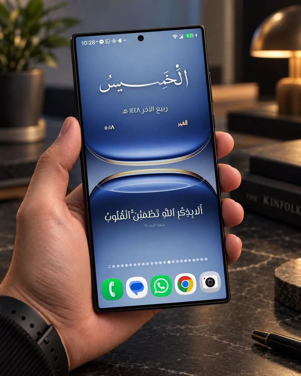 سيت أب إسلامي للشاشة الرئيسية باللون الأسود، مع آيات قرآنية والتاريخ الهجري وخط عربي 2: شاشة أندرويد رئيسية مصممة بويدجت وادي جيت