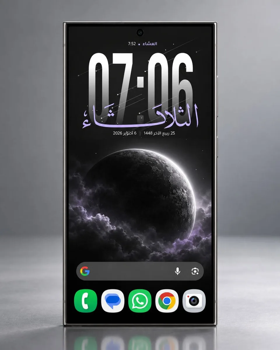 سيت أب بسيط للشاشة الرئيسية باللون الأسود، مع التاريخ الهجري وعداد تسبيح ومواقيت الصلاة: شاشة أندرويد رئيسية مصممة بويدجت وادي جيت
