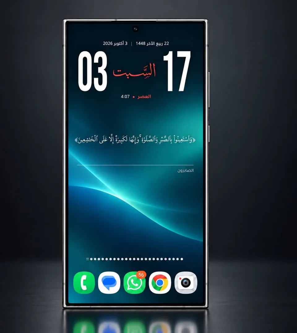 سيت أب إسلامي للشاشة الرئيسية باللون الأسود، مع التاريخ الهجري وآيات قرآنية وخط عربي: شاشة أندرويد رئيسية مصممة بويدجت وادي جيت