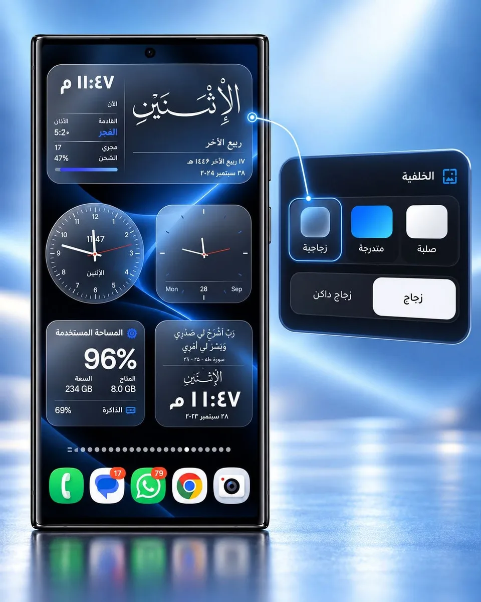 سيت أب إسلامي للشاشة الرئيسية باللون الأسود، مع ويدجت زجاجية والتاريخ الهجري ومواقيت الصلاة: شاشة أندرويد رئيسية مصممة بويدجت وادي جيت