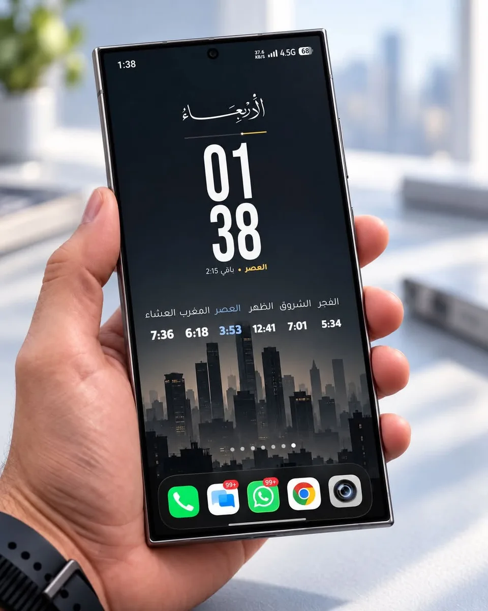 سيت أب إسلامي للشاشة الرئيسية باللون الأسود، مع التاريخ الهجري وخط عربي وعداد تسبيح: شاشة أندرويد رئيسية مصممة بويدجت وادي جيت