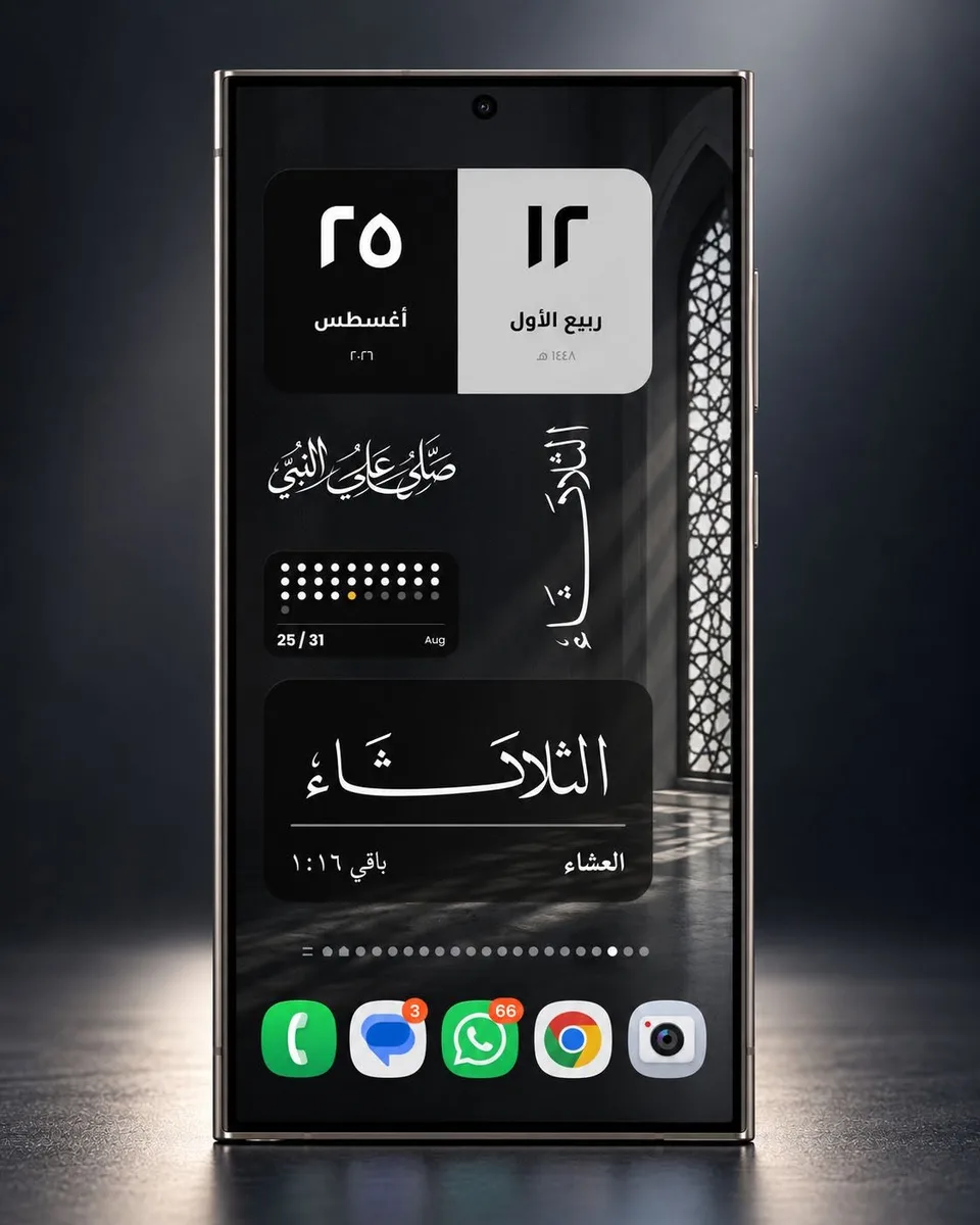 سيت أب إسلامي للشاشة الرئيسية باللون الأسود، مع آيات قرآنية وخط عربي والتاريخ الهجري: شاشة أندرويد رئيسية مصممة بويدجت وادي جيت