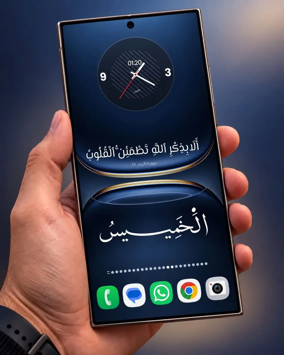 سيت أب إسلامي للشاشة الرئيسية باللون الأسود، مع مواقيت الصلاة والتاريخ الهجري وعداد تسبيح: شاشة أندرويد رئيسية مصممة بويدجت وادي جيت