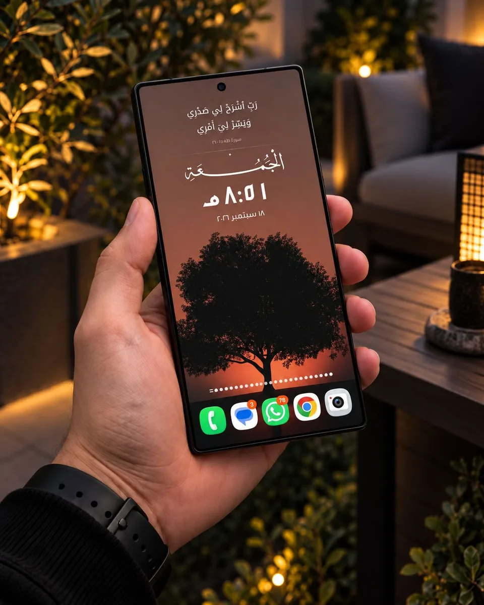 سيت أب إسلامي للشاشة الرئيسية باللون الأسود، مع التاريخ الهجري وخط عربي وآيات قرآنية: شاشة أندرويد رئيسية مصممة بويدجت وادي جيت